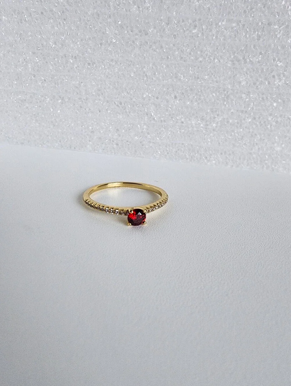 Gold Plated Garnet Red Solitaire Ring CZ Pave Band Dainty Stackable Size 8